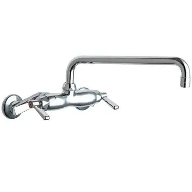 Chicago Faucet 445L12 Service Faucet Wall Mount 4 to 8-3/8 Inch 2 Lever ADA Chrome 12 Inch L Type Swing
