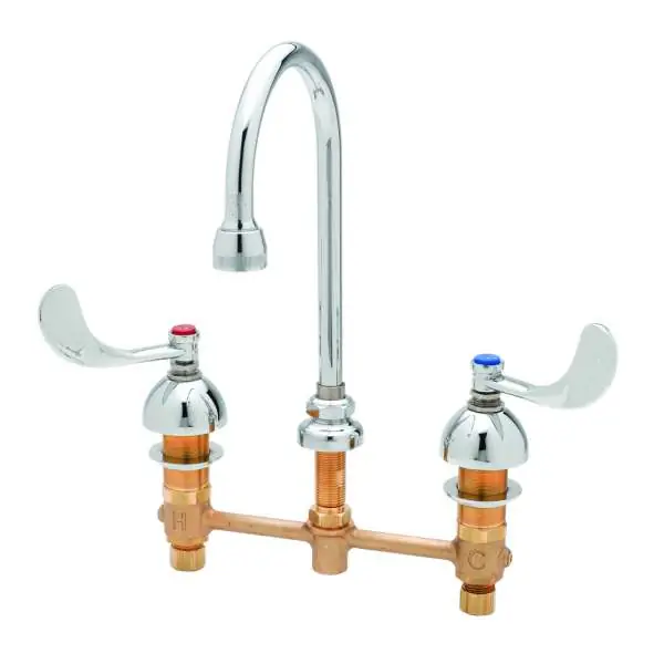 T&S Brass B-2866-04 Medical Faucet, Deck Mount, 8 Centers, Swivel Gooseneck w/Rosespray, 4 Wrist Handles