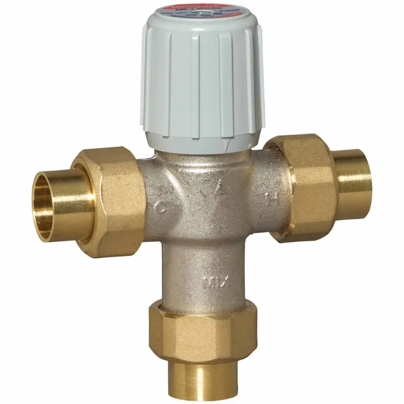 Resideo AM100C1070-USTGLF Mixing Valve AM-1 with Temperature Gauge 1/2 Inch Lead Free Union 150 Pounds per Square Inch 70-120 Degrees Fahrenheit