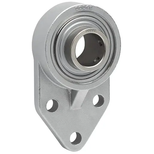 Dodge FB-SCFS-100-SHFS Food Grade Flanged Bracket Ball Bearing Unit - 1 in Bore, 3-Bolt Bracket Mount, Set Screw Locking, Stainless Steel Housing Material, Non-Expansion Bearing (Fixed), Standard Duty, Triple-Lip Contact Seal
