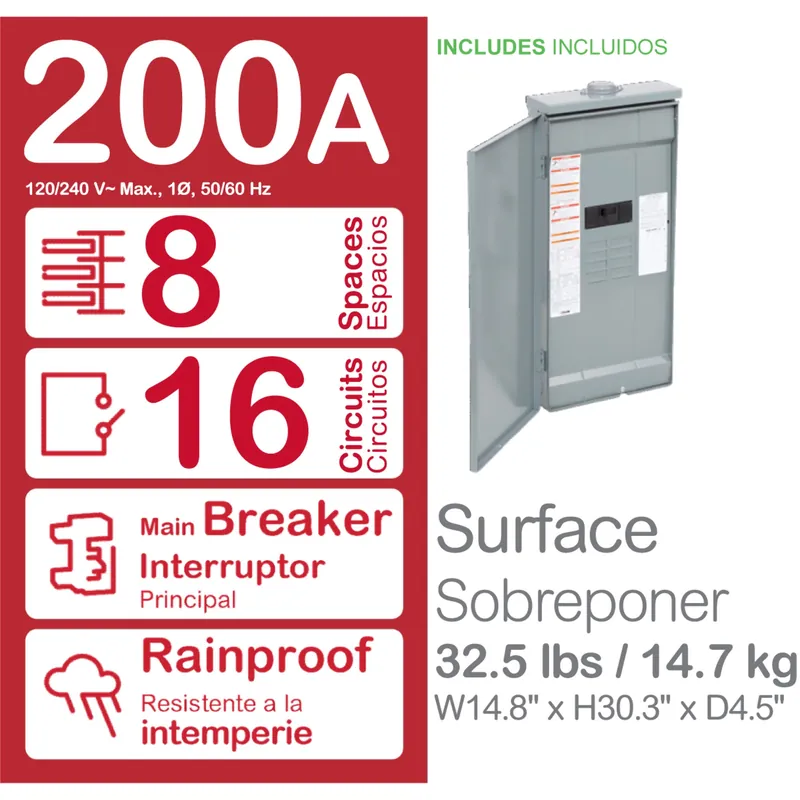 Square D HOM816M200PFTRB Load Center 200A 120/240 VAC 1-Phase 8-Space 16-Circuit NEMA 3R