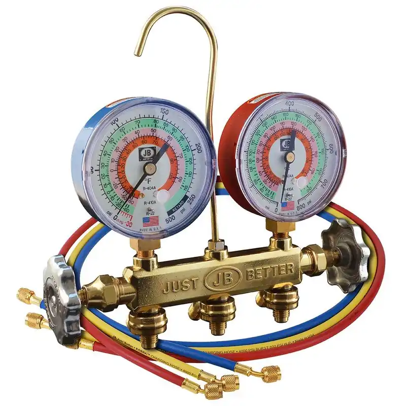 JB Industries 22233 Patriot 2-Valve Brass R22/R404A/R410A Refrigerant Manifold with 3-1/8 in. Gauges and CCLE 60 in. Hose Set