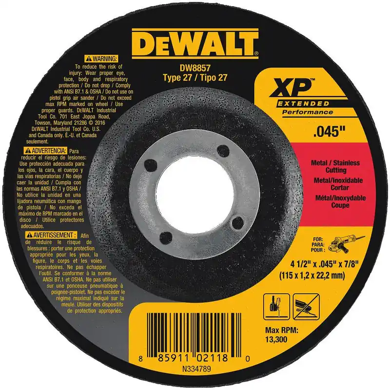 Dewalt DW8857 Depressed Center Wheel - Type 27, 4-1/2 in Wheel Dia., 0.045 in Thickness, 7/8 in Arbor Hole Size, 60 Grit, 13300 rpm