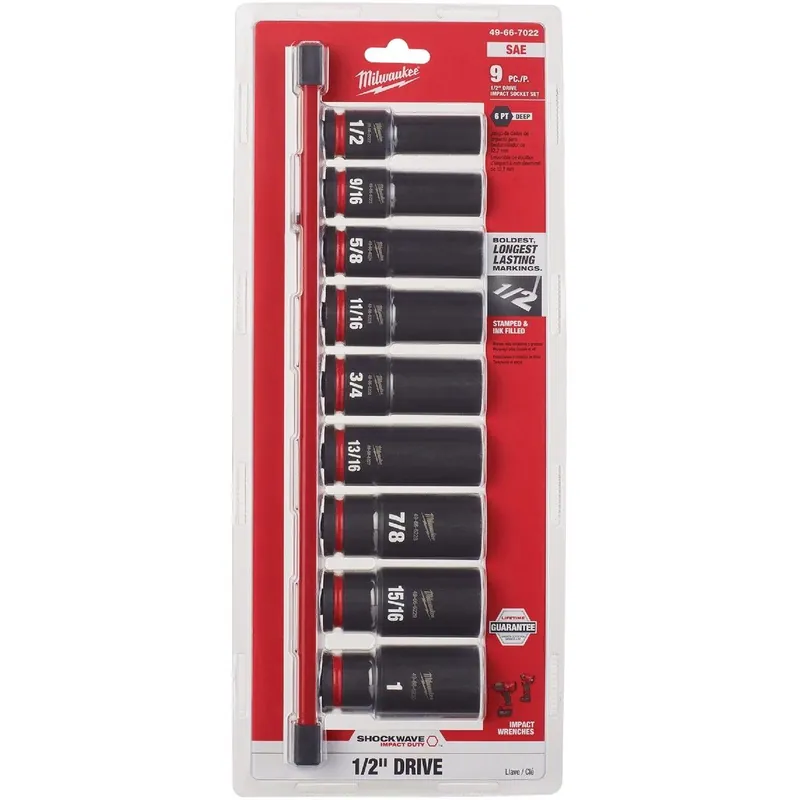 Milwaukee 49-66-7022 SHOCKWAVE Standard 1/2 In. Drive 6-Point Deep Impact Driver Set (9-Piece)