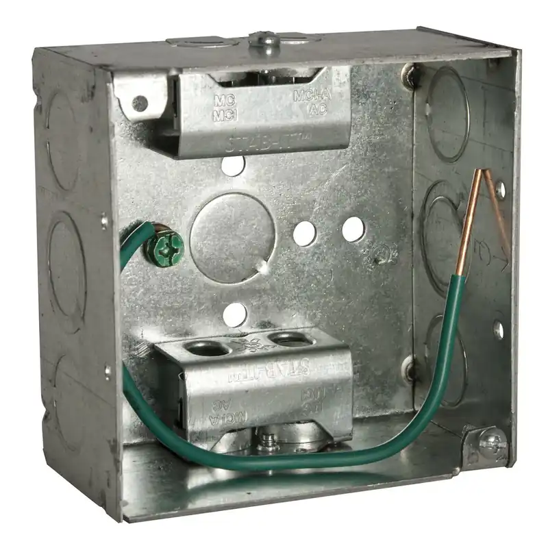RACO 248S 4 Square Box, Welded with (2) STAB-IT Connectors, 2-1/8 Deep, 600V, 8 #12 Solid Copper Pigtail