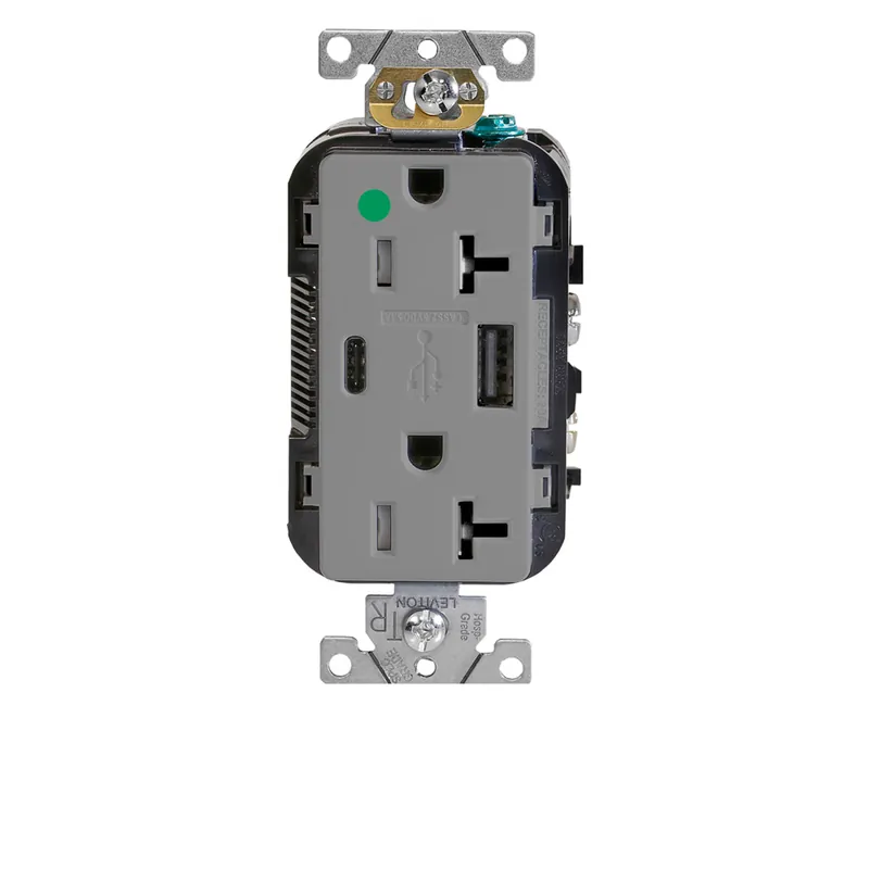 Leviton T5833-HGG Decora Plus Duplex Receptacle Outlet Heavy-Duty Hospital Grade Tamper Resistant with USB One Type A One Type C USB Port 5.1 Amp
