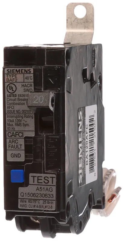 Siemens BA120AFC 1-Pole 20 Amp 120 VAC 10 kA Arc Fault Circuit Interrupter