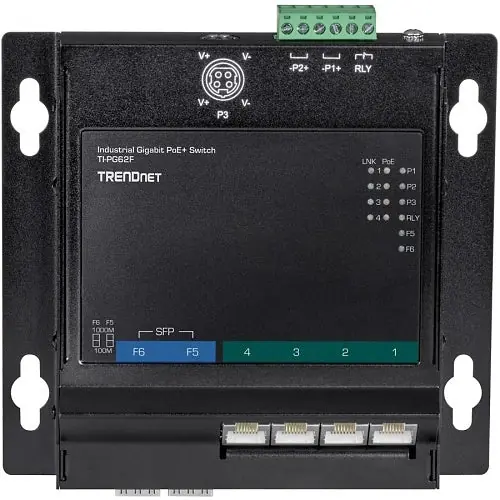 TRENDnet TI-PG62F 6-Port Industrial Gigabit PoE+ Wall-Mounted Front Access Switch