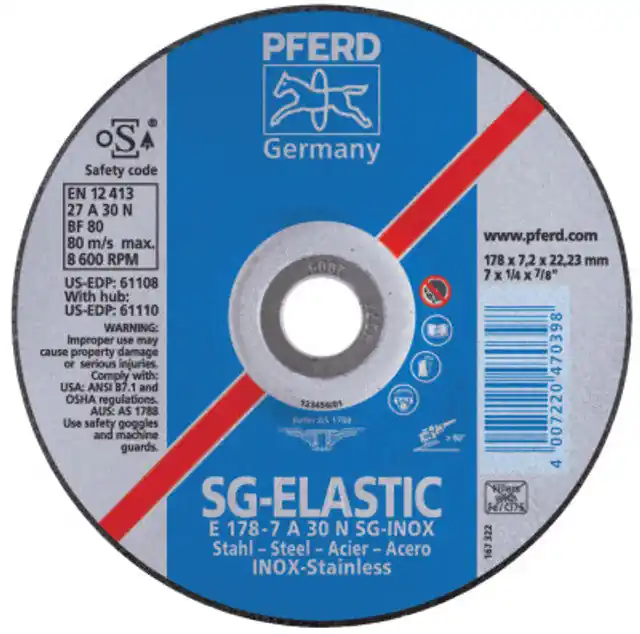 Pferd 63204 Depressed Center Wheel - Type 27, 4-1/2 in Wheel Dia., 1/8 in Thickness, 7/8 in Arbor Hole Size, 46 Grit, 13300 rpm