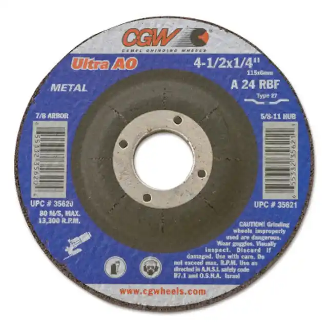 CGW Abrasives 35621 1/4 in Depressed Center Wheel Type 27 4-1/2 in dia 5/8 in Arbor A24R